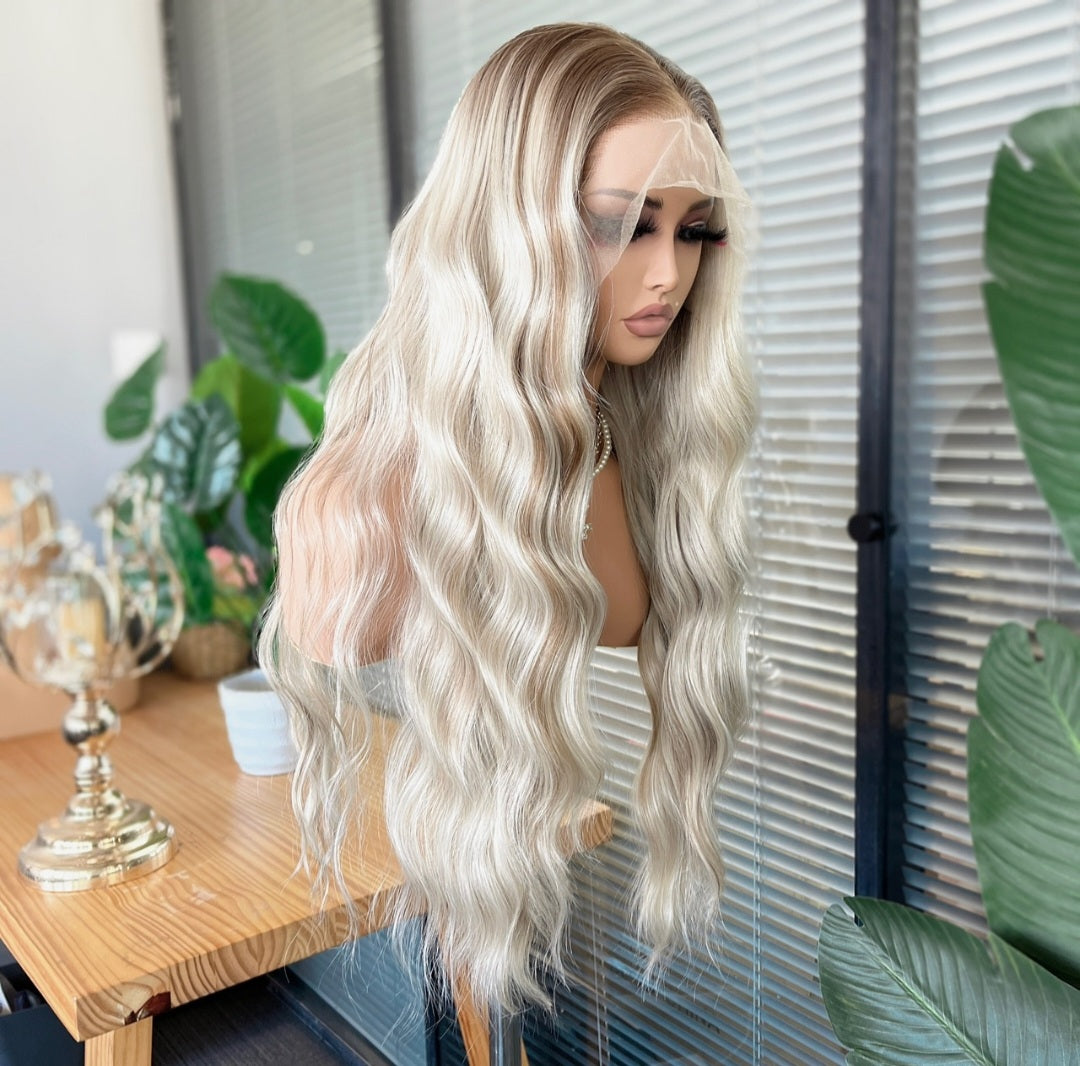 GIORGIA BUZ  SARIŞIN BALYAJLI DALGALI PROTEIN FIBER SENTETİK DANTEL PERUK ÜNİTESİ