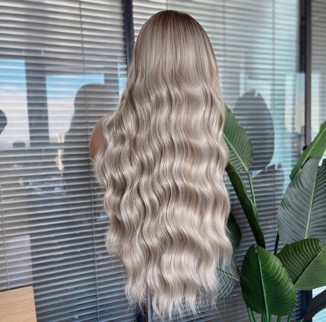 GIORGIA BUZ  SARIŞIN BALYAJLI DALGALI PROTEIN FIBER SENTETİK DANTEL PERUK ÜNİTESİ