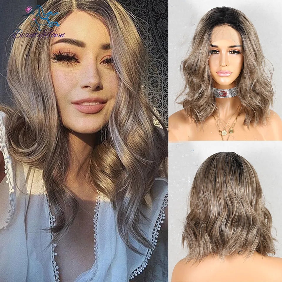 KYLIE KÜLLÜ KUMRAL OMBRELİ DALGALI BOB STİL PROTEİN FİBER SENTETİK DANTEL PERUK