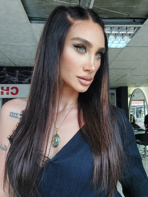 ARABELLA KOYU KAHVE DÜZ DOKULU IŞILTILI DANTEL PERUK ÜNİTESİ