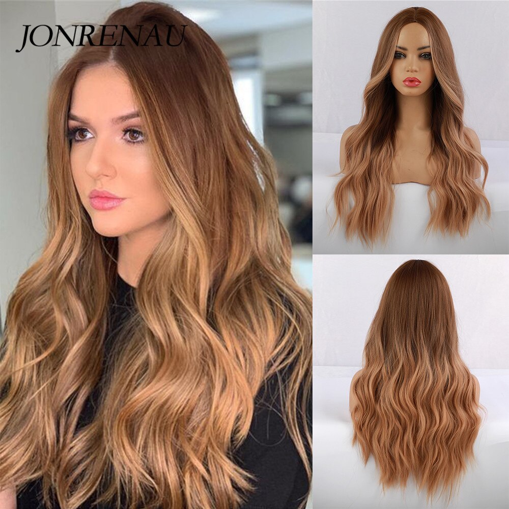 JONRENAU Fiber Sentetik Ombre Kahverengi - Altın Sarışın Peruk Uzun Doğal Saç